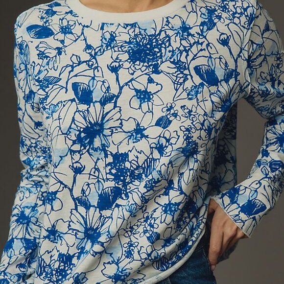Anthropologie Sonal Nathwani Long-Sleeve Printed Tee by size L blue foral - Picture 3 of 8